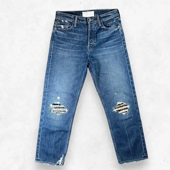 Blue High Rise Distressed Jeans with Slim Fit
